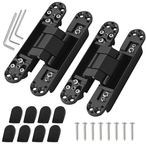 Hidden Door Hinges, 2 Pack Invisible Flush Cupboard Hinges, 180 Degrees Adjustable Zinc Alloy Cross Butt Concealed Hinge, with Hex Wrench Screws, for Wooden and Folding Doors (Black)
