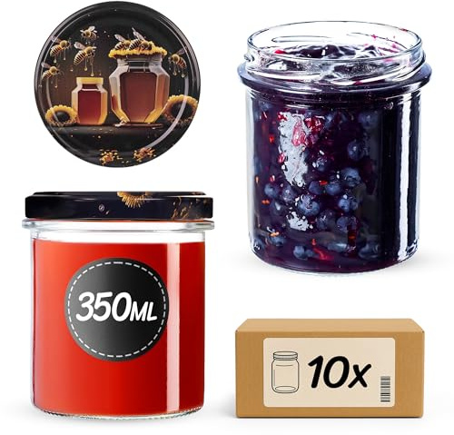 KADAX - Lot de 10 pots à confiture - 350 ml - Avec couvercle à visser de Ø82 mm - Petits pots avec couvercle - Bocaux de conservation - Pour la confiture et le miel