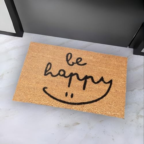 H.U.S.L HUSL | Felpudos 60x40CM Fibra de Coco | Base Antideslizante de Caucho | Apto para el Exterior (Be Happy, 60X40CM)