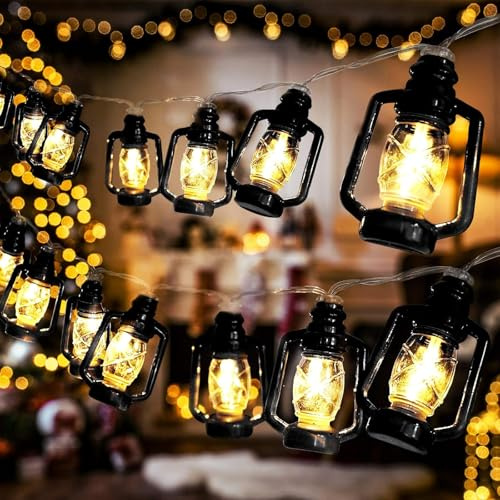 ALEGRE® Vintage Kerosin Lichterkette Batterie mit Timer,1,5M 10 LED Laterne Lichterkette Timer, Schwarz Lampions Lichterketten Innen Außen Batteriebetrieben für Camping,Garten,Hochzeit,Weihnachtsdeko