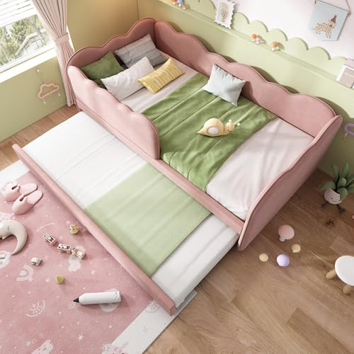 Miyemo Day Bed, 3ft Upholstered Single Bed Frame with Pull Out Trundle, Sofa Bed with Slatted Frame for Adults & Children, Velvet, 90x190cm, Pink, (No Mattress)