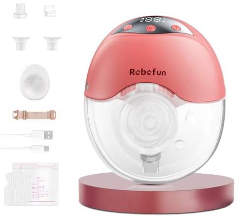 Robofun Milchpumpe Elektrisch Freihändig Leise, mit 4 Modi und 12 Saugstufen, Elektrische Milchpumpe Handsfree, Intelligente Anti-Überlauf-Funktion, 19mm/21mm/24mm Flansch-1 Pack-Rosa