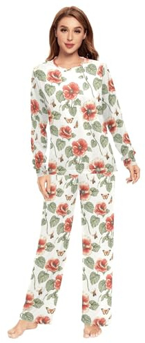 Rustic Begonia White Pajama Set for Women 2 Piece Lightweight Men Pyjama Trousers Casual Sleeping Cloth, Rustic Begonia White, L