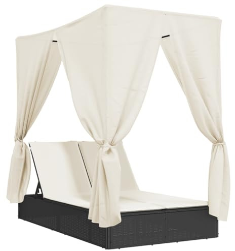 Adjustable Double Sun Lounger with Canopy and Curtains, Garden Furniture, Relaxing Recliner, Black Poly Rattan Outdoor Chaise Lounge Set