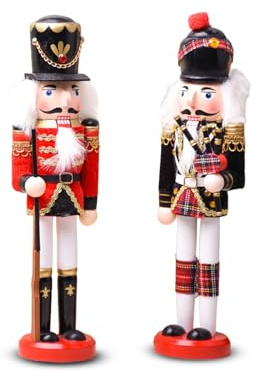 Wintem - Set 2 Statuine Schiaccianoci in Legno Dipinti a Mano per Decorazioni Natalizie Tradizionali e Addobbi per la Casa, Ideali per Tavolo Camino e Regalo di Natale Unico