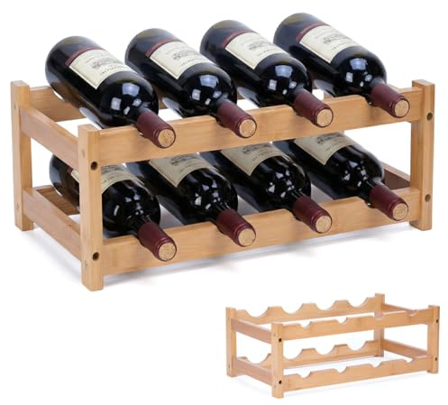 ASOUUNLD Casier à Vin Range Bouteilles Horizontal, 2 Etages pour 8 Bouteilles en Bambou Range Bouteille Vin Etagere Rangement Bouteille de Vin Étagère à Vin en Bambou pour La Cuisine, Bar, Cave