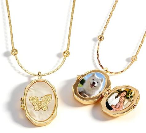 WBW Collier Médaillon Photo Personnalisé, Collier à Image Gravée Vintage pour Femme, Cadeau Commémoratif Idéal pour Maman, Grand-Mère, Épouse, Anniversaire et Fête des Mères (Papillon 2)