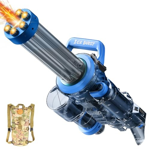 Gatling Elektrische Wasserpistole, Hochleistungs-Automatik-Wasserpistole mit großem Rucksackvolumen, Reichweite bis zu 8, beeindruckende Mündungsfeuer-Effekte für Erwachsene und Kinder (Blau)