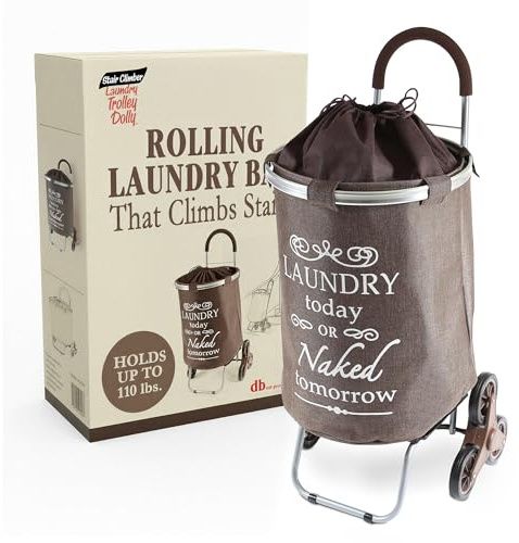 dbest products Stair Climber Laundry Trolley Dolly, Brown Laundry Bag Hamper Basket cart with wheels sorter