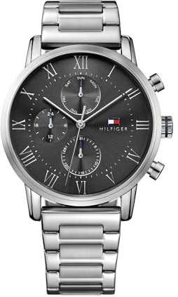 Tommy Hilfiger Reloj de Cuarzo Analógico Multifunción para Hombre de 44mm - Esfera Gris, Pulsera de Acero Inoxidable Plateado, 3 Subesferas, Resistencia al Agua 3ATM - 1791397