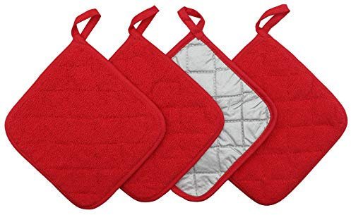 GQZLUCK Topflappen aus 100% Baumwolle, maschinenwaschbar, hitzebeständig, für die tägliche Küche, Frottee, Topflappen, Untersetzer zum Kochen und Backen, 4er-Set (rot) | Hitzebeständige Topflappen zum Kochen und Backen, Frottee-gesteppte Hot Pads