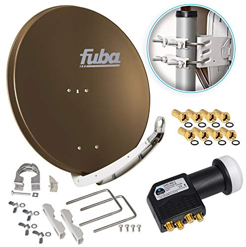 Fuba DAA 850 B 85cm Sat Schüssel Braun Satellitenantenne Aluminium Reflektor + HB-DIGITAL UHD Quad LNB 4 Teilnehmer Direktanschluss schwarz 4K Ultra HDTV Full HD 3D fähig + 8X F-Stecker vergoldet