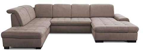 CAVADORE Wohnlandschaft Lexi / Große U-Form mit XXL-Longchair rechts und Federkern / Leichte Fleckenentfernung dank Soft Clean / 329 x 82 x 224 / Flachgewebe: Hellbraun