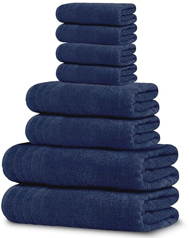 Tens Towels Pack of 8 Towels Set, 2 Extra Large Bath, 2 Hand, 4 Washcloths, 100% Cotton, Lighter Weight, Quicker to Dry, Super Absorbent, Perfect for Bathroom, Navy