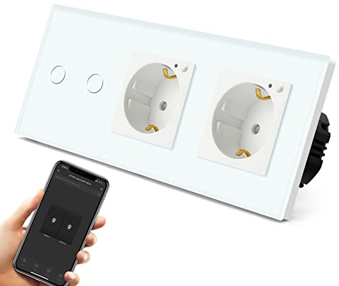 BSEED Smart Alexa Lichtschalter mit Doppelt Steckdose,Unterputz Senkrecht Alexa Glas Schuko Verlängerungssteckdosen,Single Live Wifi Touch Lichtschalter 2 Fach 1 Weg Weiß