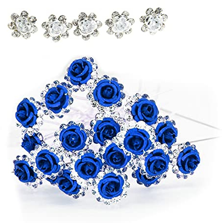 45 Stück Strass Haarspangen U Form Kristall Rose Blume Design Braut Hochzeit Clips für Show Abschlussball (Blau, Weiß)