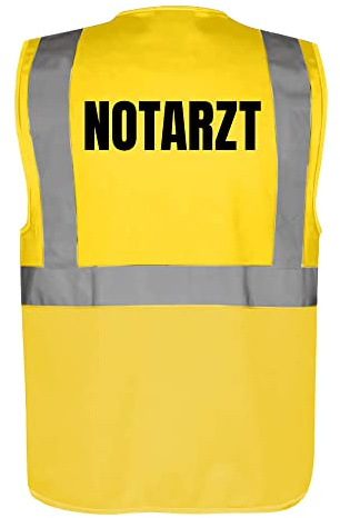 Fassbender-Druck WARNWESTEN - Sicherheitsweste GELB mit Taschen und Reißverschluss nach EN ISO 20471 zertifiziert - Warn Weste für NOTARZT - Unisex mit hochwertigem Reflektorstreifen