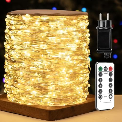 Guirlande Lumineuse ZELUXDOT 200m Fil de Cuivre Argenté, Lumière Blanche Chaude, Éclairage LED Étanche pour Extérieur/Intérieur avec Télécommande pour Sapins de Noël, Terrasses, Jardins, Cours Plantes