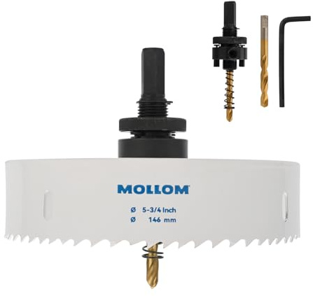 Mollom 146mm (5-3/4) HSS M42 8% Cobalt BI-Metal Hole Saw with Arbor | 2 Pilot Drill Bits, Smooth Cutting PVC, Drywall, Wood, Plastic, Metal, Rubber