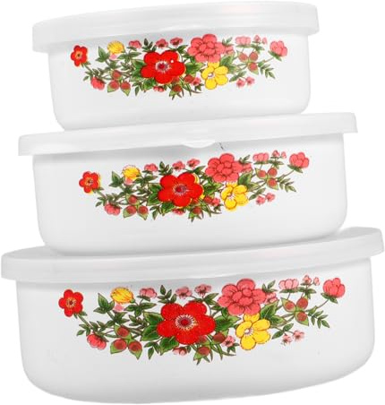 Operitacx 3-Teilige Emaille Schüsseln Mit Deckel, Vintage Emaille Schüssel Set Mit Obstdruck, Bowl Set für Müsli Salat Salatschüssel