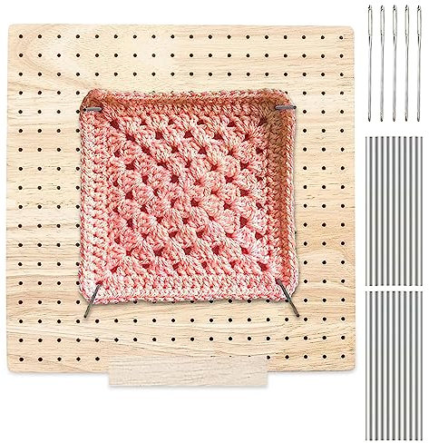 Sperrbrett Für Granny Square, Handcrafted Wooden Blocking Board, Crochet Blockierbretter für Strick, Häkelprojekte Sperrbrett Häkeln Holz, mit 20 Edelstahlnadeln, 5 Nadeln mit großem Öhr
