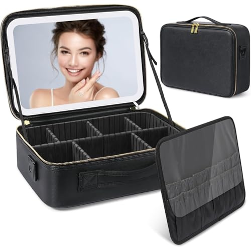 Deciniee Mirror Makeup Bag Organiser: 27 * 38cm Extra Large Makeup Organiser Vanity Mirror with Lights - Travel Make Up Bag with Light - Makeup Case with Adjustable Dividers Black
