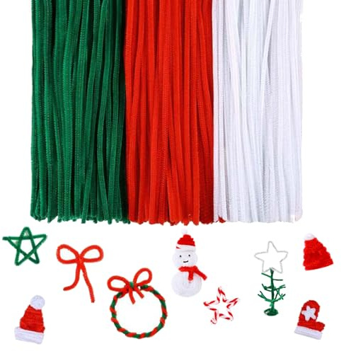 LLMtn 300 Stück Pfeifenputzer Bunt zum Basteln,Pipe Cleaner (Grün Rot weiß)