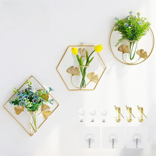 WEOPYCJ Wandvasen-Set, Wandvase, Gold, 3 Stück, geometrische Goldvasen, Hydrokultur-Glasbehälter mit goldfarbenen Metallrahmen, Ginkgo-Blätter, Wandvasen für Pflanzen im Innenbereich