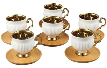 Juego de taza y plato de cerámica árabe minimalista de patas altas de 90 ml para cafetería, té de la tarde, regalo creativo, estilo F, 6 tazas y 6 platos