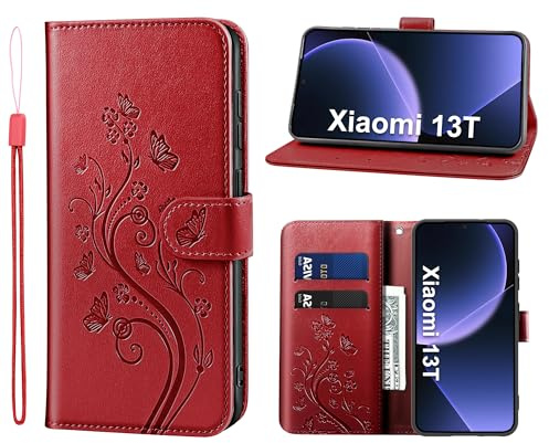 KRAFTCARE Lederhülle für Xiaomi 13T/13T Pro Klapphülle Leder Hülle | Premium PU Leder mit Prägung, Kartenfach, Ständer, Magnetic Closure, RFID Blockierung, Flip Wallet Handyhülle, Rot