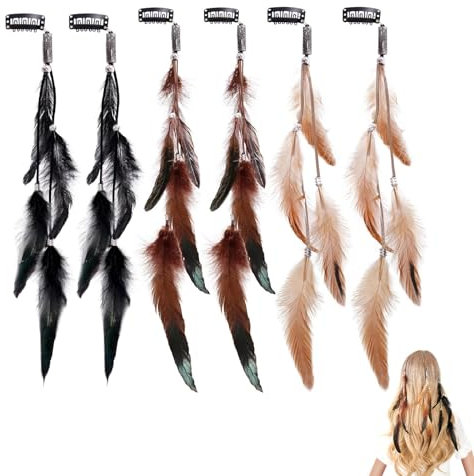 Clips de Pelo Pluma, Pluma Extensiones de Cabello,Hippie Clips Cabello Plumas,Boho Clips Cabello Plumas, 6PCS Mujer Pluma Extensiones de Cabello,Festival Cosplay Disfraz Accesorios Cosplay Halloween