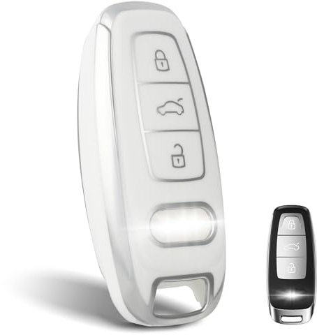 OFF WE GO Schlüsselhülle Cover für Audi Autoschlüssel Hülle für A6 A7 A8 E-Tron S6 RS6 S7 RS7 Q7 SQ7 Q8 SQ8 A6L A8L 3 Tasten Auto Schlüssel Schutzhülle Schlüsselbox, Weiß Silber