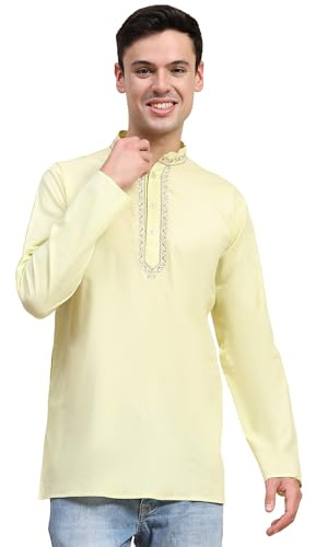 SKAVIJ Henley-tröjor i bomull för män vardagliga band krage Kurta långärmad broderad topp t-shirt, Citron, XL