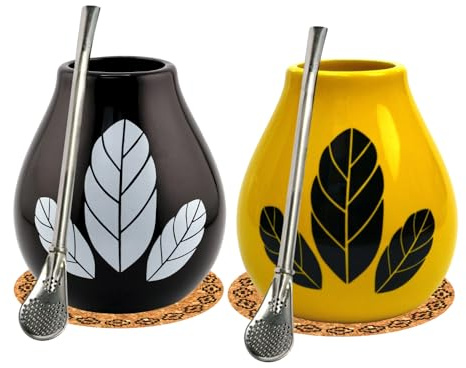 Mate-Tee becher Set für Zwei ● Keramik becher Hoja Yellow und Hoja Black 350ml mate tee tasse ● Edeltahl trinkhalm Bombilla und kokrpad ● Stainless steel Straw bombilla and ceramik yerba mate tea cup