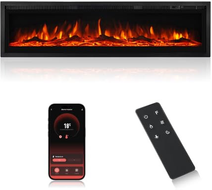 MachenFlame 50 Smart WIFI Inset Wall Mount Freestanding Electric Fireplace with Crystal and Logset, Room Heater with 9 Flame Colors, Black. (127CM-WIFI)