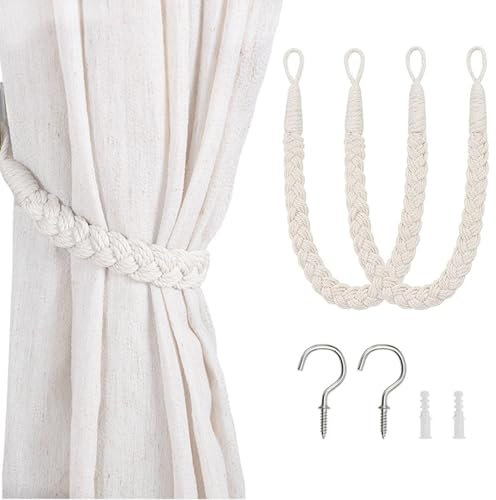 2 PCS Natural Cotton Rope Curtain Tiebacks, Curtain Tiebacks, Curtain Ties, Boho Curtain Ties, Woven Rope Curtain Holdbacks with Metal Hook for Home Hotel Office Drapery(White)