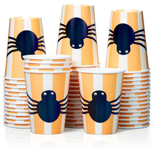 Halloween Disposable Paper Party Cups, Bulk 50 Pack, Leak-Proof, 355ml Hot and Cold Cups for Restaurants and Parties, Spider