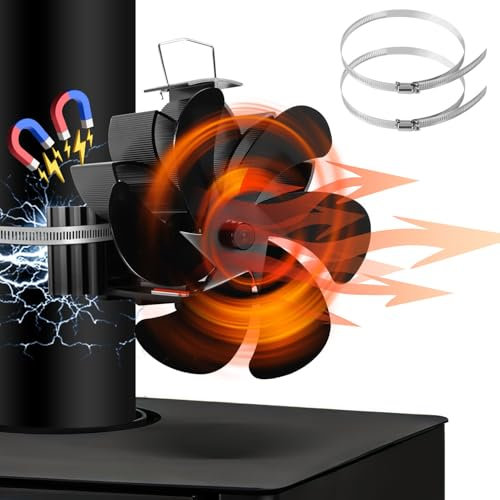 Ollewiellan Ventilateur de cheminée magnétique 6 feuilles avec 2 anneaux de rechange - Sans électricité - Outil de cheminée efficace - Silencieux - Pour cheminée, poêle à bois - 16,5 x 16,5 x 8,5 cm