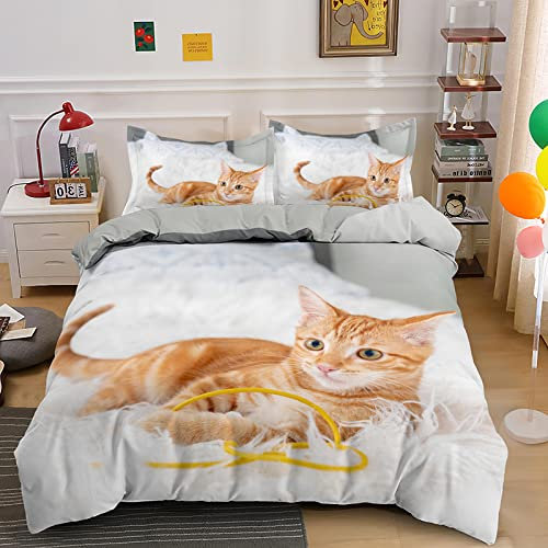 CHCHNXY BettwäSche 200x220,Weiße Katze 100% Microfaser 3D Print Bettbezug mit 2 Kissenbezug 80x80 cm mit Reißverschluss,Weich und Angenehme Bettwäsche Set für Erwachsener