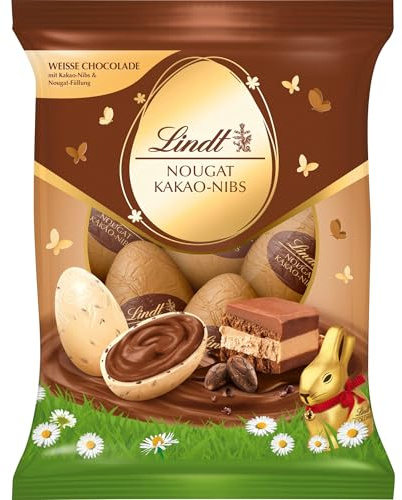 Lindt Schokolade | Nougat Kakao-Nibs Eier | 90g | Weiße-Schokoladeneier gefüllt mit Haselnusscrème & knusprigen Cacao-Nibs | Osterschokolade | Perfekte Oster-Schokolade zum Teilen & Genießen