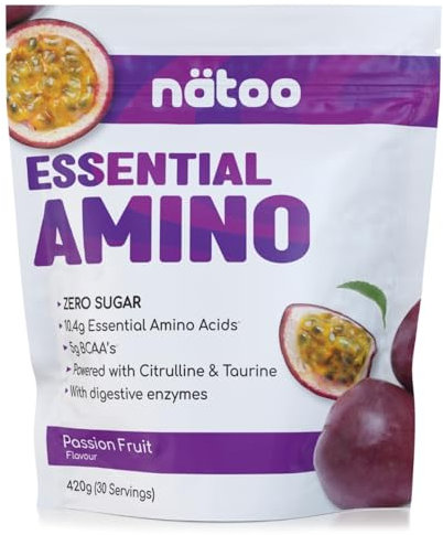 Nätoo Essential Amino Passion Fruit - Aminoacidi Essenziali in Polvere con BCAA, Vitamina C, B6, B12, Glutammina, Bromelina, Taurina, Citrullina - Prestazioni, Recupero al Top - Eaa Senza Zucchero