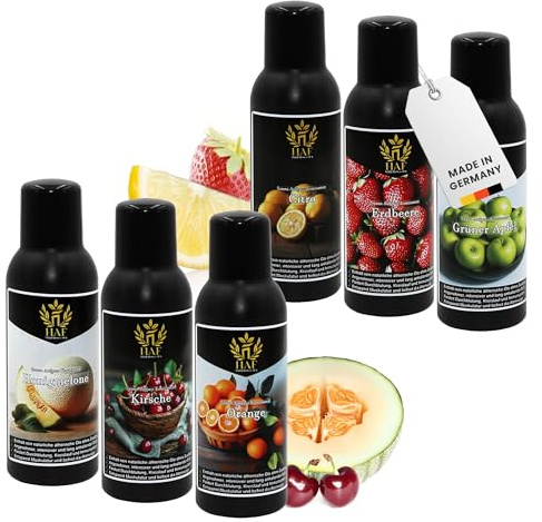 HAF Saunaaufguss Set „Fruchtige Oase“ - 6 x 100ml Sauna Aufgussmittel Citro, Erdbeere, Grüner Apfel, Honigmelone, Kirsche, Orange - Saunaduft mit natürlichen ätherischen Ölen & ohne Zusätze