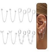 Diamday 4 Pares Pendientes Mujer Plata Oro 14K Chapada Pendientes Aro Doble Piercing Oreja Hipoalergénico Pendientes Cadena Aro Helix Tragus Pendientes Colgante Cadena Múltiples Piercings