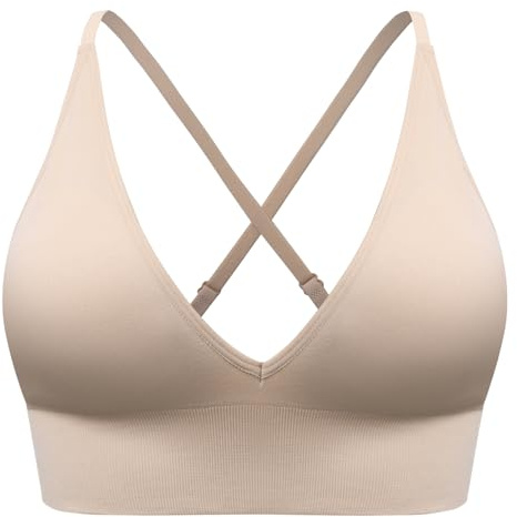 SUNSESS Sports Bras for Women Deep V Seamless Wirefree Removable Pads Comfort Sleep Bralette Workout Yoga Crop Top Bra (UK, Alpha, M, Regular, Regular, Standard, Nude)