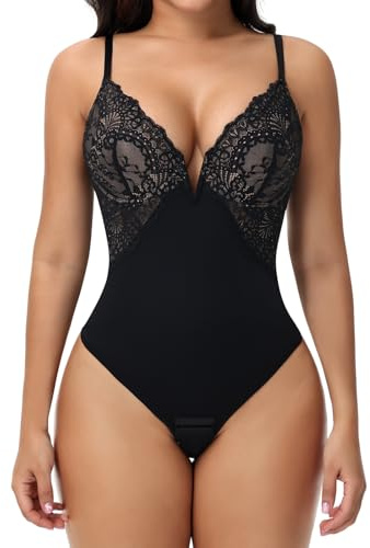 SHAPERIN Body Moldeador Mujer Encaje Control de Barriga Body Reductor Adelgazante Faja Body Tanga Shapewear Bodysuit Top, Negro, L