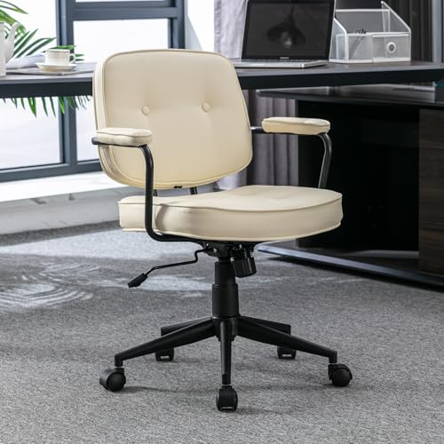 Ya-Home Schreibtischstuhl Braun aus Leder, Bürostuhl Ergonomisch, Weiß | 360° Drehstuhl höhenverstellbar mit Rollen & Armlehnen, Computerstuhl Home Office Stuhl für Büro Arbeitszimmer Wohnzimmer