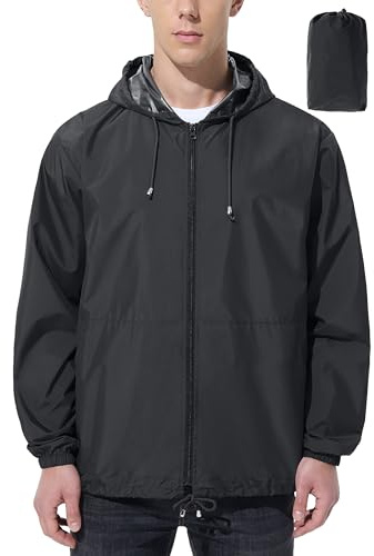 UIQUR Mens Rain Jacket Raincoat Windbreaker Running Waterproof Lightweight Packable with Hood Travel Hiking Cycling Black L