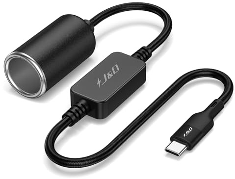 J&D USB C Male to 12V Car Cigarette Lighter Socket Female Converter Cable, 12V 18W Power Cable for Dash Cam, GPS, Car LED Light Strips, Black, 30 cm