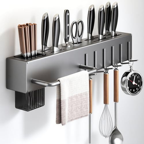 RETSAMV Portacoltelli Da Parete Senza Fori, Scaffale Cucina Multifunzione Con Ganci, Porta Utensili Cucina Con Portabacchette - Ripiano Organizzatore Per Cucina E Casa (Gray-40cm)