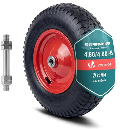 VOUNOT® Rueda Inflable 4.80/4.00-8 Rueda Completa Neumático Cámara con Válvula Llanta Rodamientos Eje Incl. 20mm 400x85mm Neumático de Recambio para Carretillas Obra Carros Jardinería Remolque Negro